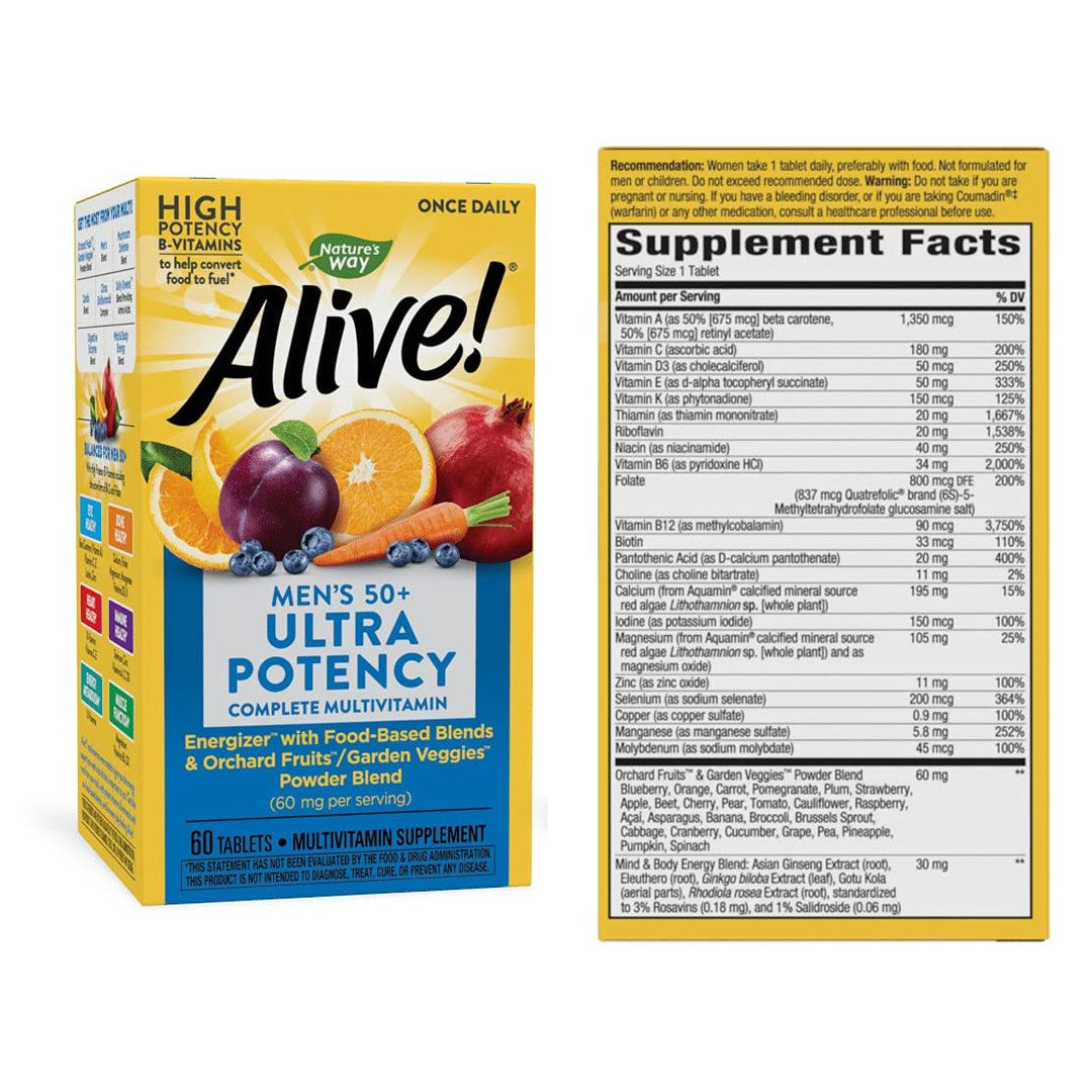 Nature's Way Alive! Once Daily Women 50+ Once Daily Men 50+ Ultra Potency Multivitamin Dietary Supplement (60 Tablets) 1 Bottle of Each Total 2 Bottles - The Oasis of Health