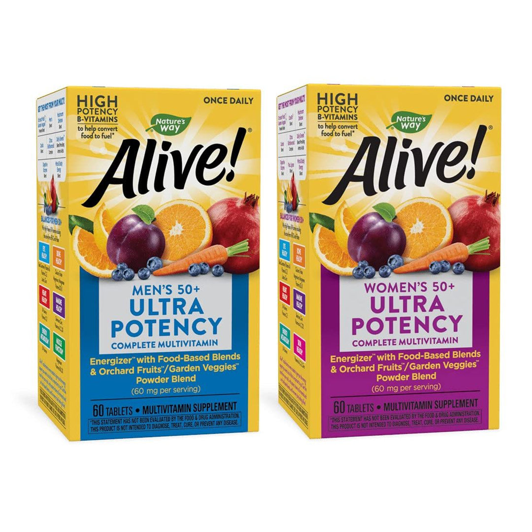 Nature's Way Alive! Once Daily Women 50+ Once Daily Men 50+ Ultra Potency Multivitamin Dietary Supplement (60 Tablets) 1 Bottle of Each Total 2 Bottles - The Oasis of Health