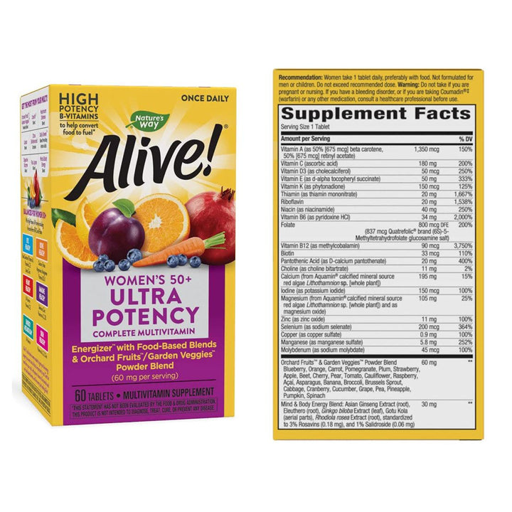 Nature's Way Alive! Once Daily Women 50+ Once Daily Men 50+ Ultra Potency Multivitamin Dietary Supplement (60 Tablets) 1 Bottle of Each Total 2 Bottles - The Oasis of Health