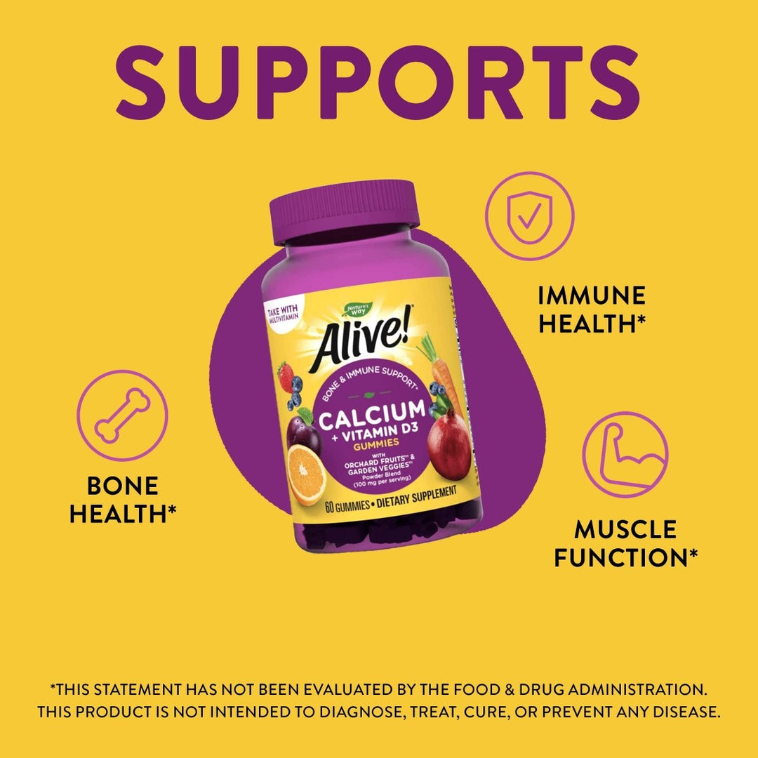 Nature's Way Alive! Premium Calcium + D3 Gummies, Supports Healthy Bones & Muscles*, Strawberry and Raspberry Lemonade Flavored, 60 Gummies - The Oasis of Health