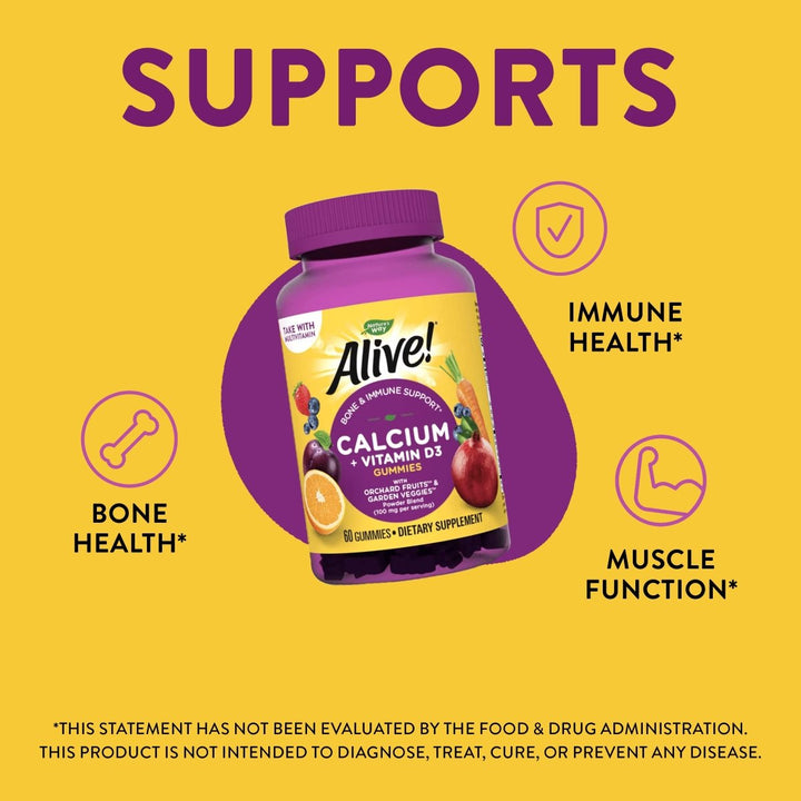 Nature's Way Alive! Premium Calcium + D3 Gummies, Supports Healthy Bones & Muscles*, Strawberry and Raspberry Lemonade Flavored, 60 Gummies - The Oasis of Health