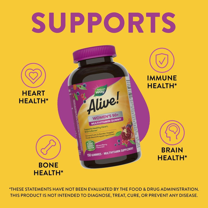 Nature's Way Alive! Women?s 50+ Daily Gummy Multivitamins, Supports Multiple Body Systems*, Supports Healthy Heart, Brain & Bones,* B - Vitamins, Mixed Berry Flavored, 150 Gummies(Packaging May Vary) - The Oasis of Health