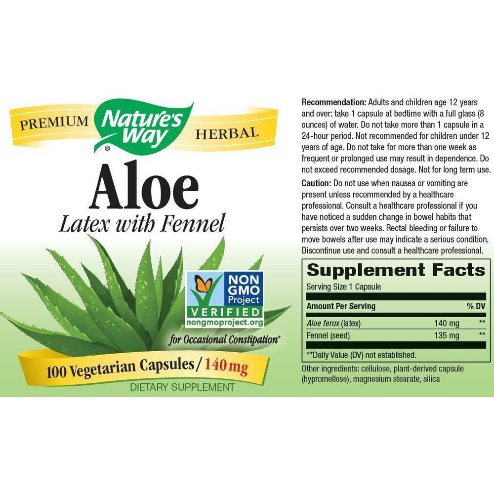 Natures Way Aloe Latex with Fennel 140 milligrams 100 Vegetarian Capsules. Pack of 4 bottles. - The Oasis of Health