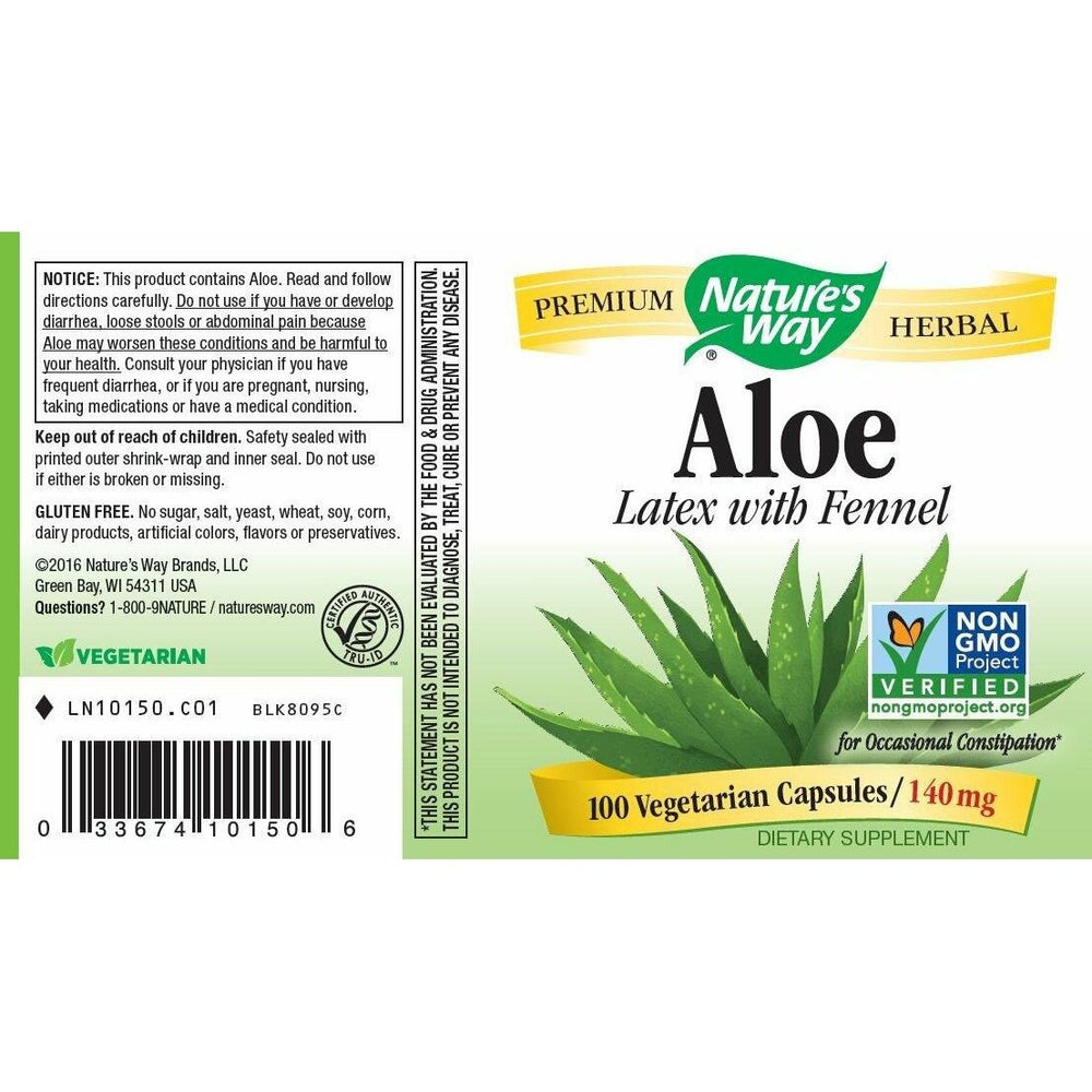 Natures Way Aloe Latex with Fennel 140 milligrams 100 Vegetarian Capsules. Pack of 5 bottles. - The Oasis of Health