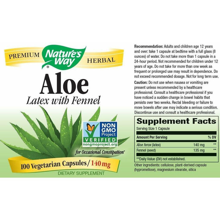 Natures Way Aloe Latex with Fennel 140 milligrams 100 Vegetarian Capsules. Pack of 5 bottles. - The Oasis of Health