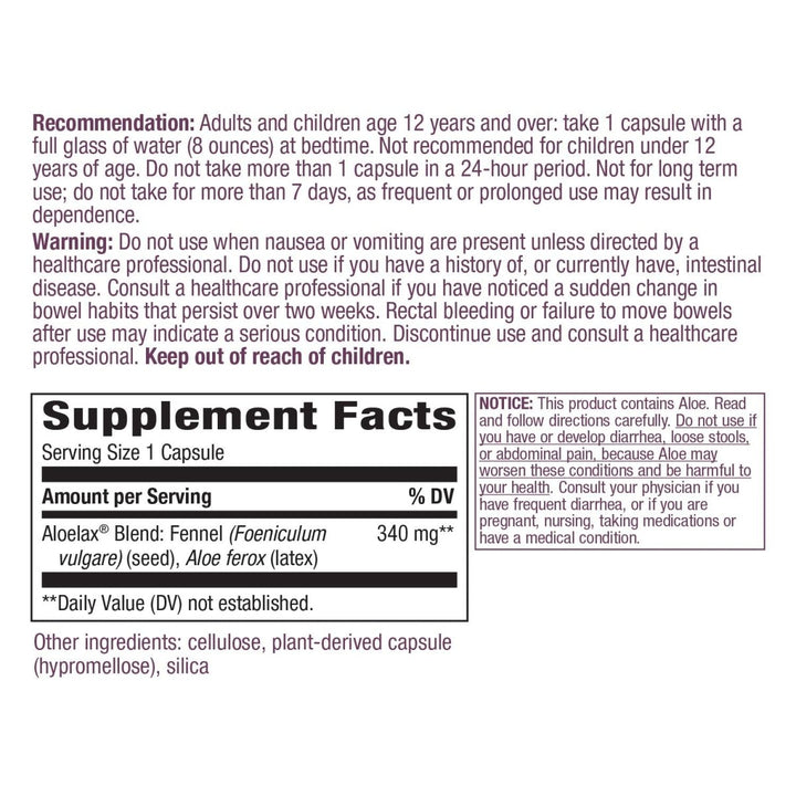 Nature's Way Aloelax, Premium Blend, with Fennel Seed, Occasional Constipation*, 340 mg, Vegan, 100 Capsules - The Oasis of Health