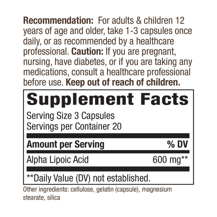 Nature's Way Alpha Lipoic Acid, Supports Healthy Nerve Function*, 600 mg per serving, 60 Capsules - The Oasis of Health