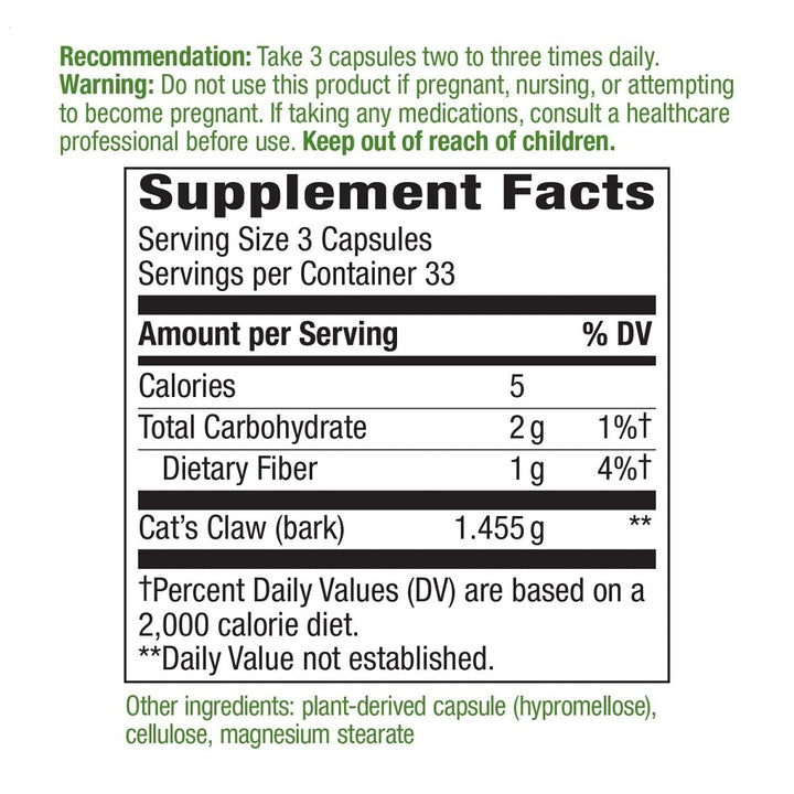 Nature's Way Cat?s Claw Bark, Traditional Health Tonic*, 1,455mg per serving, 100 Capsules - The Oasis of Health