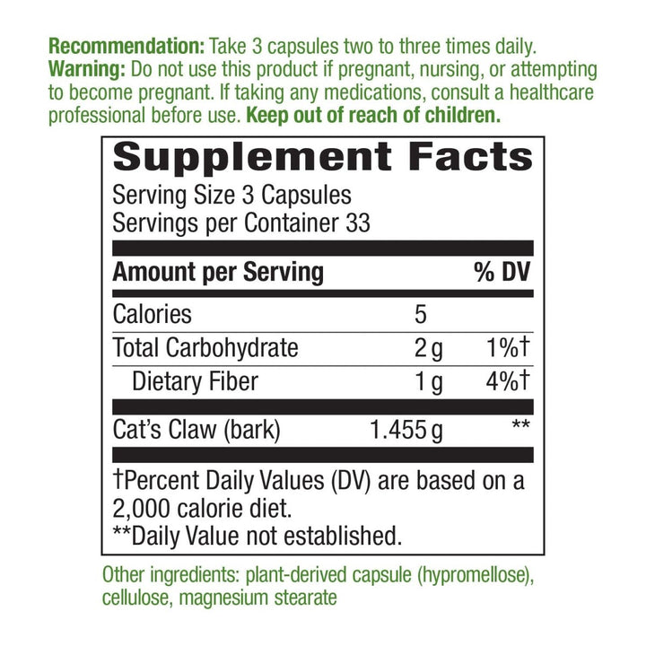 Nature's Way Cat?s Claw Bark, Traditional Health Tonic*, 1,455mg per serving, 100 Capsules - The Oasis of Health