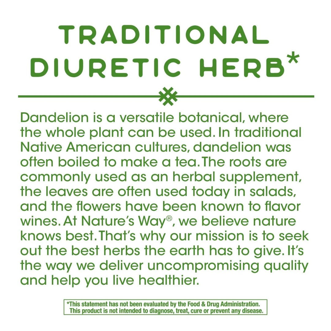 Nature's Way Dandelion Root Diuretic Herb* 525 mg per Capsule Non - GMO Project Verified Gluten Free Vegan 180 Count - The Oasis of Health