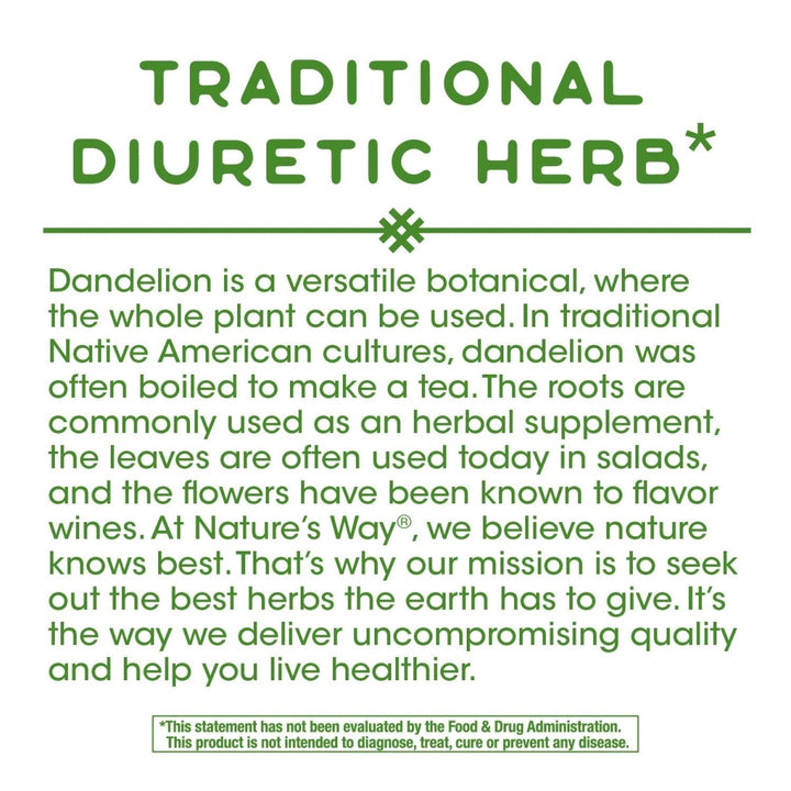 Nature's Way Dandelion Root Diuretic Herb* 525 mg per Capsule Non - GMO Project Verified Gluten Free Vegan 180 Count - The Oasis of Health