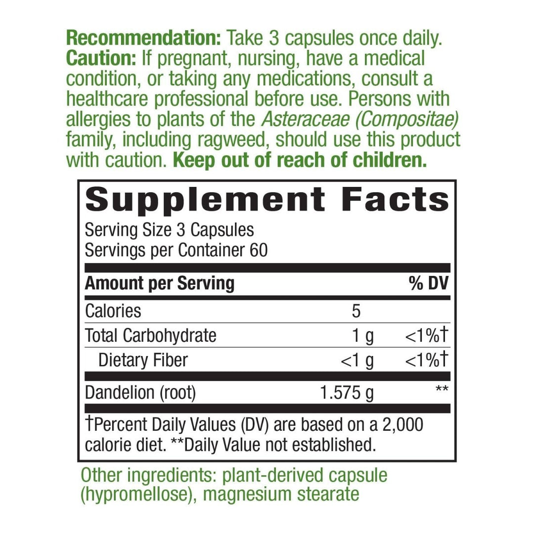 Nature's Way Dandelion Root Diuretic Herb* 525 mg per Capsule Non - GMO Project Verified Gluten Free Vegan 180 Count - The Oasis of Health