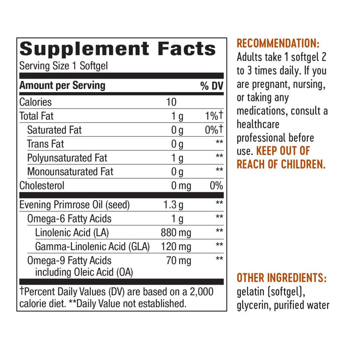Nature's Way Evening Primrose Oil, Max Strength, Cold Pressed, Unrefined, 1300mg with 120 mg GLA per serving, 60 Softgels - The Oasis of Health
