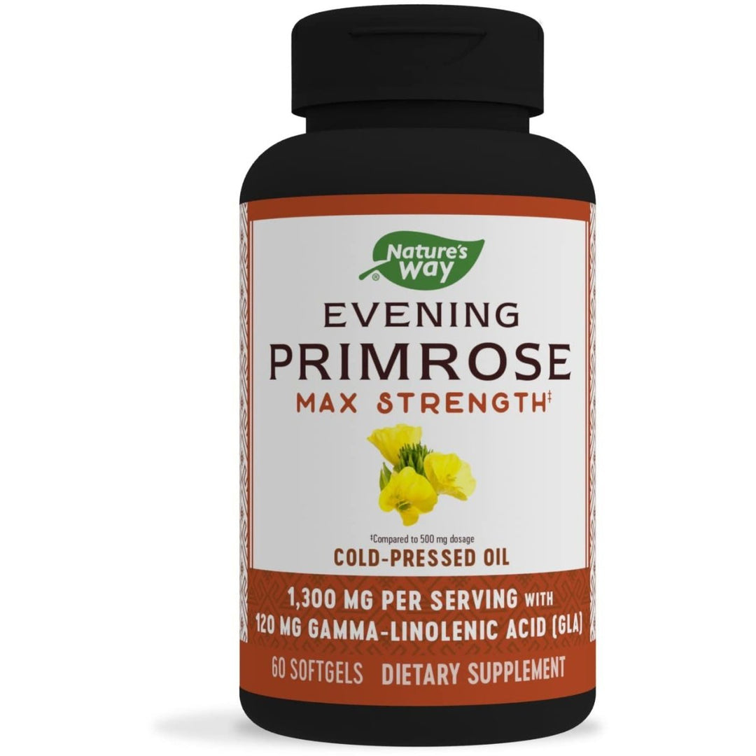Nature's Way Evening Primrose Oil, Max Strength, Cold Pressed, Unrefined, 1300mg with 120 mg GLA per serving, 60 Softgels - The Oasis of Health