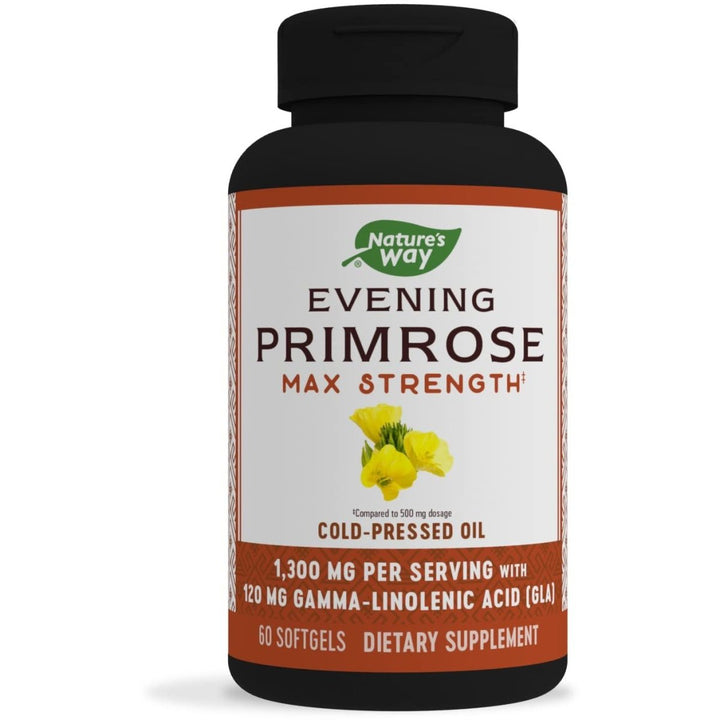 Nature's Way Evening Primrose Oil, Max Strength, Cold Pressed, Unrefined, 1300mg with 120 mg GLA per serving, 60 Softgels - The Oasis of Health