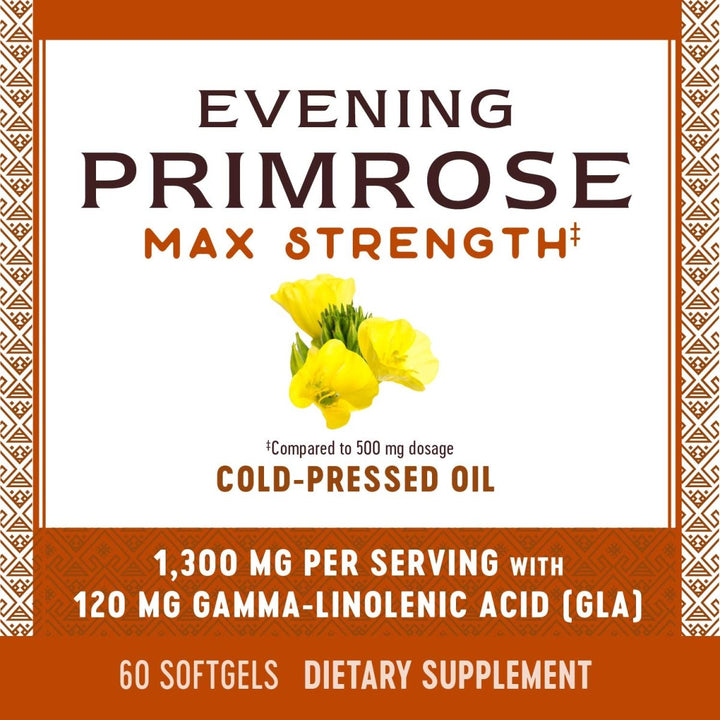 Nature's Way Evening Primrose Oil, Max Strength, Cold Pressed, Unrefined, 1300mg with 120 mg GLA per serving, 60 Softgels - The Oasis of Health
