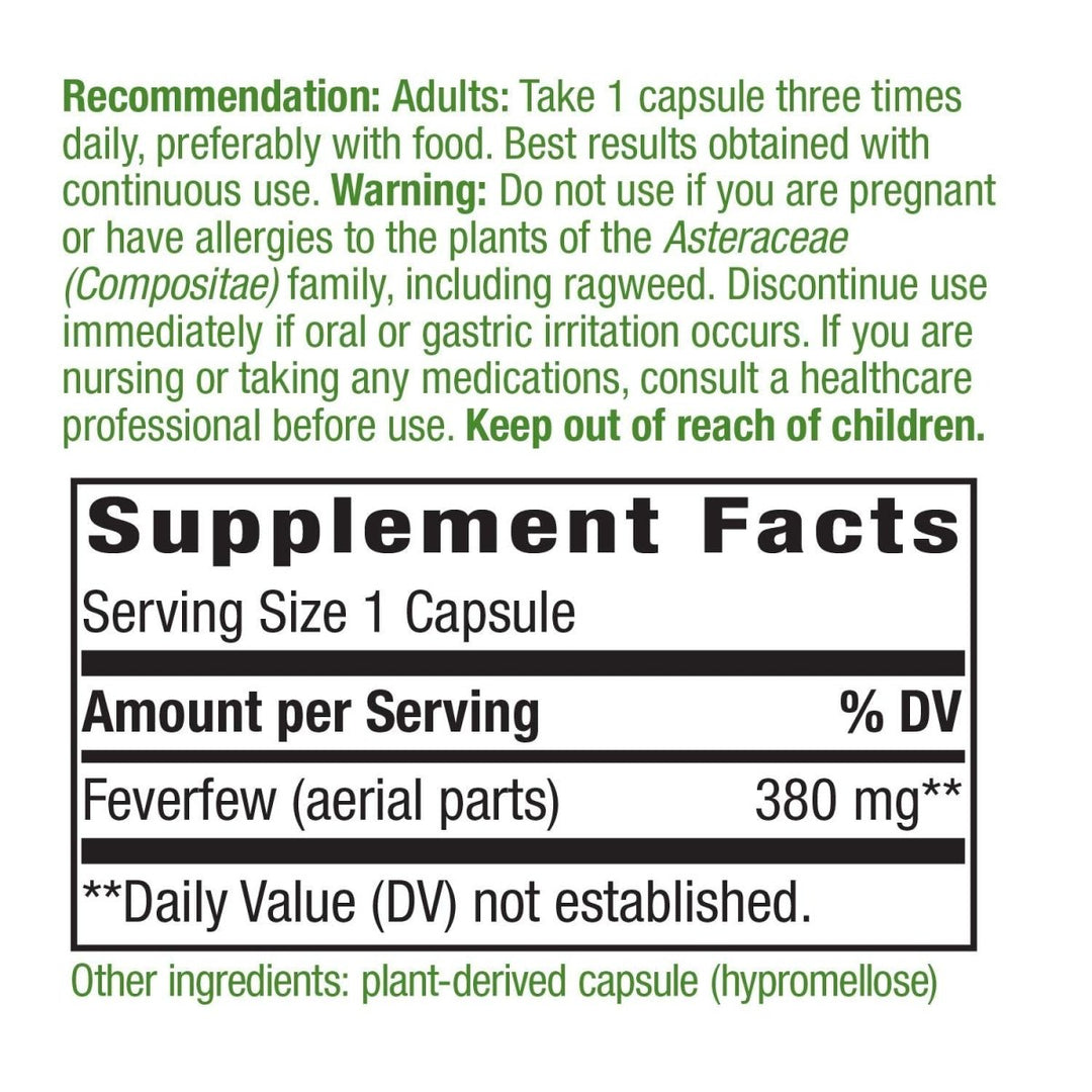 Nature's Way Feverfew Herb, Traditional Blood Vessel Relaxation*, 380 mg, 100 Vegan Capsules - The Oasis of Health