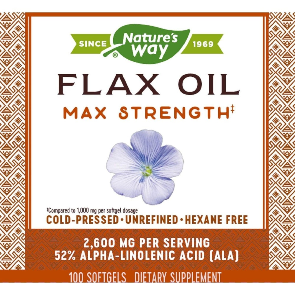 Nature's Way Flax Oil Max Strength, Cold Pressed and Unrefined, Contains Omega - 3 Fatty Acid, 100 Softgels - The Oasis of Health