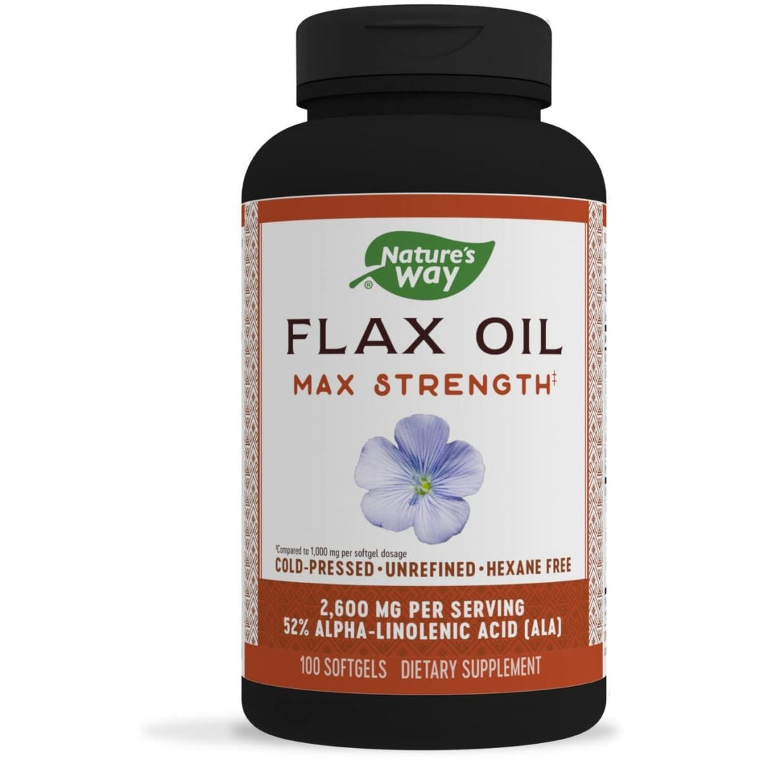 Nature's Way Flax Oil Max Strength, Cold Pressed and Unrefined, Contains Omega - 3 Fatty Acid, 100 Softgels - The Oasis of Health