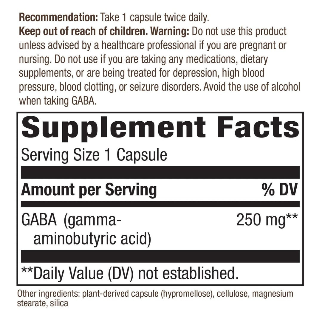 Nature's Way GABA, Gamma - Aminobutyric Acid 250 mg Potency, 60 VCaps - The Oasis of Health