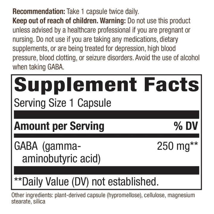 Nature's Way GABA, Gamma - Aminobutyric Acid 250 mg Potency, 60 VCaps - The Oasis of Health