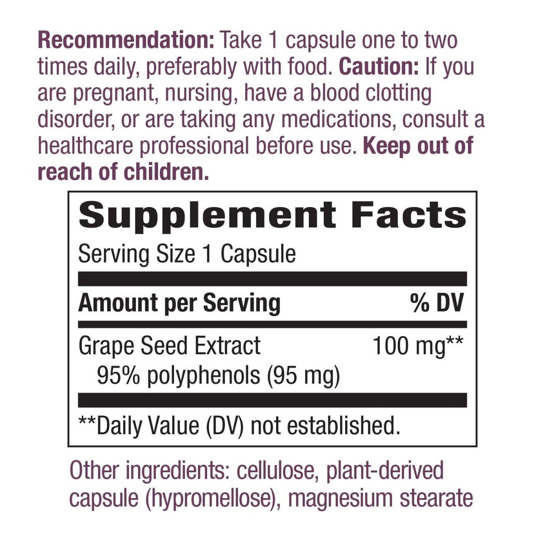 Nature's Way Premium Extract Grape Seed Standardized to 95% Polyphenols, 100 mg per serving, 60 VCaps - The Oasis of Health