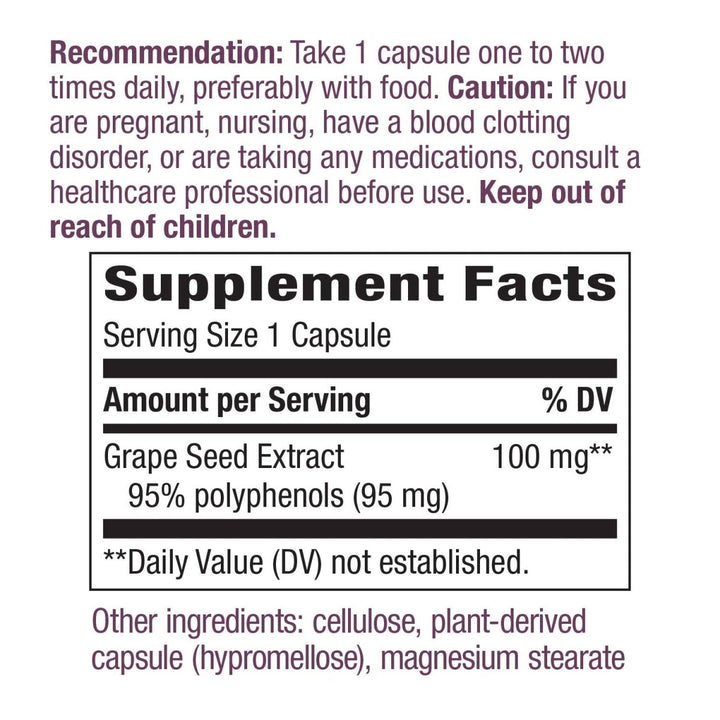 Nature's Way Premium Extract Grape Seed Standardized to 95% Polyphenols, 100 mg per serving, 60 VCaps - The Oasis of Health