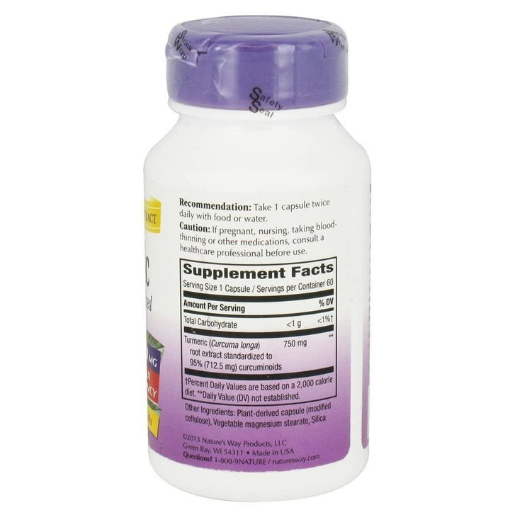 Nature's Way Premium Extract Turmeric Max Potency Standardized to 95% Curcuminoids 750 mg per serving 60 VCaps - The Oasis of Health