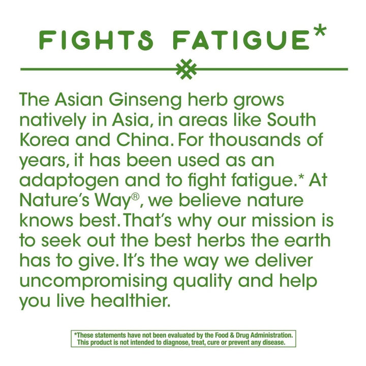 Nature's Way Premium Herbal Asian Ginseng, Fights Fatigue*, 1,120 mg per serving, Vegan, 100 Capsules - The Oasis of Health
