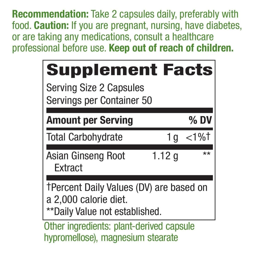 Nature's Way Premium Herbal Asian Ginseng, Fights Fatigue*, 1,120 mg per serving, Vegan, 100 Capsules - The Oasis of Health