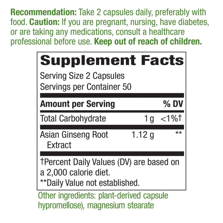 Nature's Way Premium Herbal Asian Ginseng, Fights Fatigue*, 1,120 mg per serving, Vegan, 100 Capsules - The Oasis of Health
