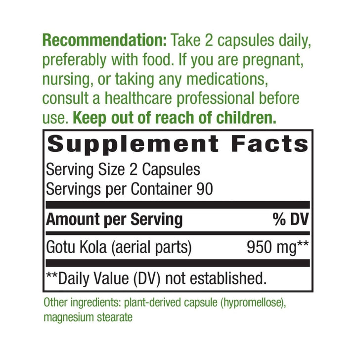 Nature's Way Premium Herbal Gotu Kola Herb 950 mg per serving 180 VCaps - The Oasis of Health