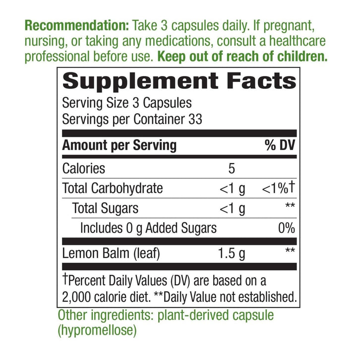 Nature's Way Premium Herbal Melissa Lemon Balm Leaf, 1,500 mg per serving, 100 VCaps - The Oasis of Health