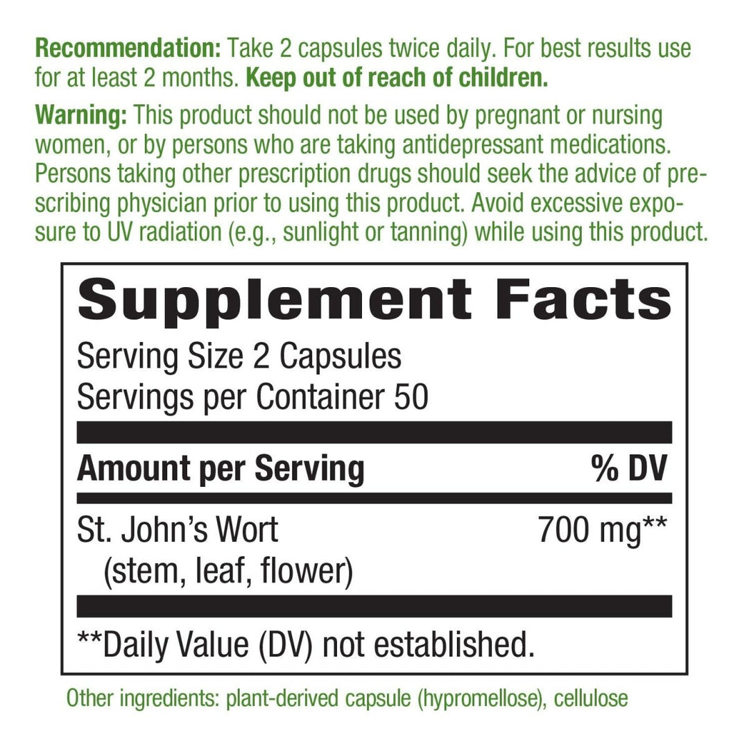 Nature's Way Premium St. John?s Wort Herb, Promotes Positive Outlook*, 700 mg per serving, 100 Vegan Capsules - The Oasis of Health