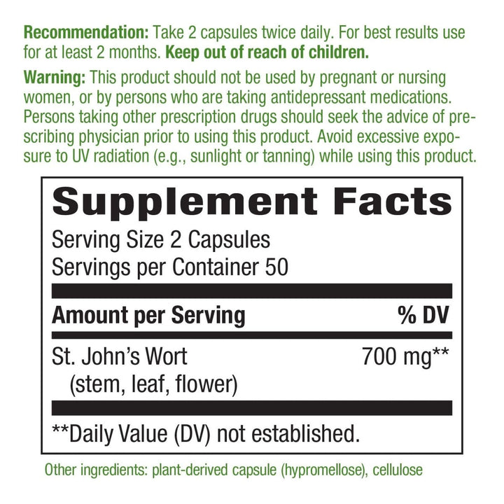 Nature's Way Premium St. John?s Wort Herb, Promotes Positive Outlook*, 700 mg per serving, 100 Vegan Capsules - The Oasis of Health