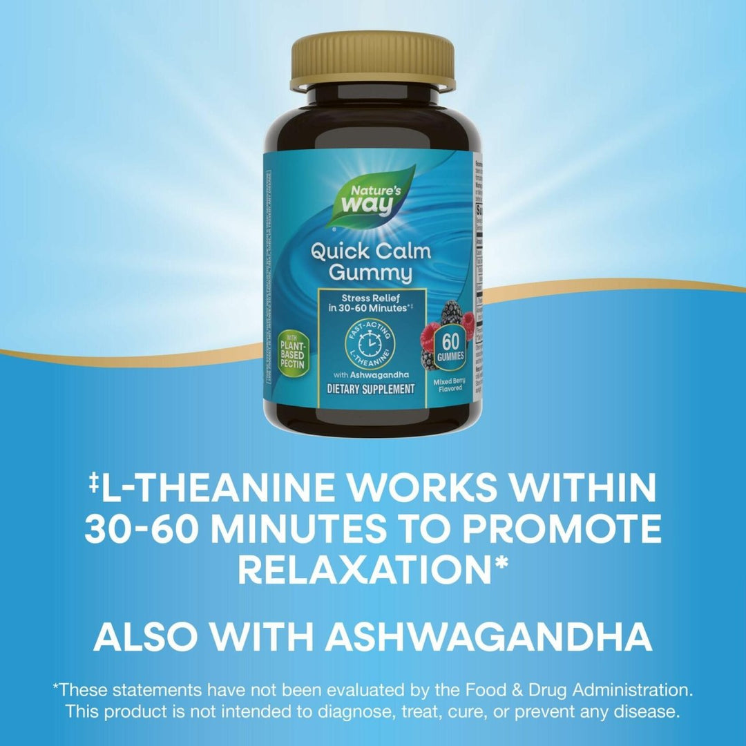 Nature's Way Quick Calm Gummies, L - Theanine for Relaxation*, Fast - Acting, Stress Relief from L - Theanine Within 30 - 60 minutes*, with Ashwagandha, Vegetarian, Mixed Berry Flavored,  60 Gummies - The Oasis of Health