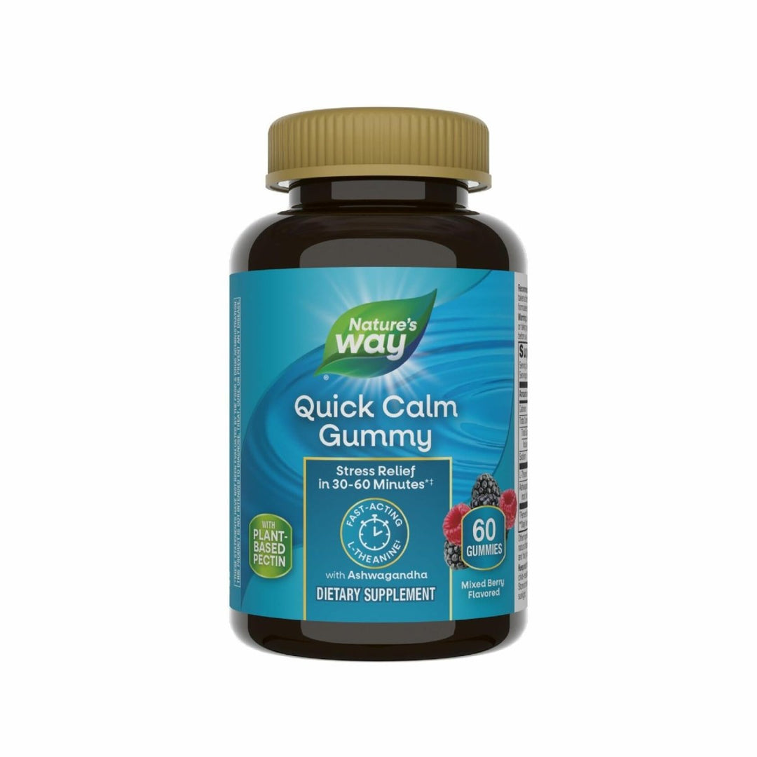 Nature's Way Quick Calm Gummies, L - Theanine for Relaxation*, Fast - Acting, Stress Relief from L - Theanine Within 30 - 60 minutes*, with Ashwagandha, Vegetarian, Mixed Berry Flavored,  60 Gummies - The Oasis of Health
