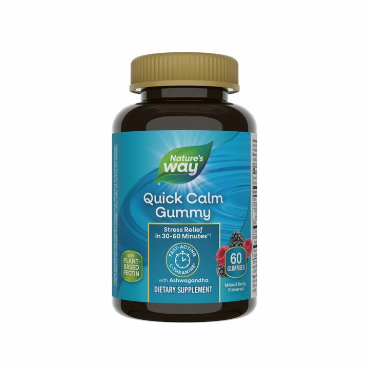 Nature's Way Quick Calm Gummies, L - Theanine for Relaxation*, Fast - Acting, Stress Relief from L - Theanine Within 30 - 60 minutes*, with Ashwagandha, Vegetarian, Mixed Berry Flavored,  60 Gummies - The Oasis of Health