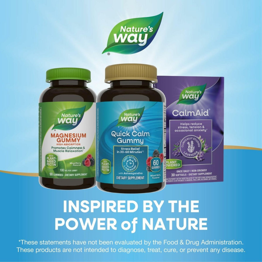 Nature's Way Quick Calm Gummies, L - Theanine for Relaxation*, Fast - Acting, Stress Relief from L - Theanine Within 30 - 60 minutes*, with Ashwagandha, Vegetarian, Mixed Berry Flavored,  60 Gummies - The Oasis of Health