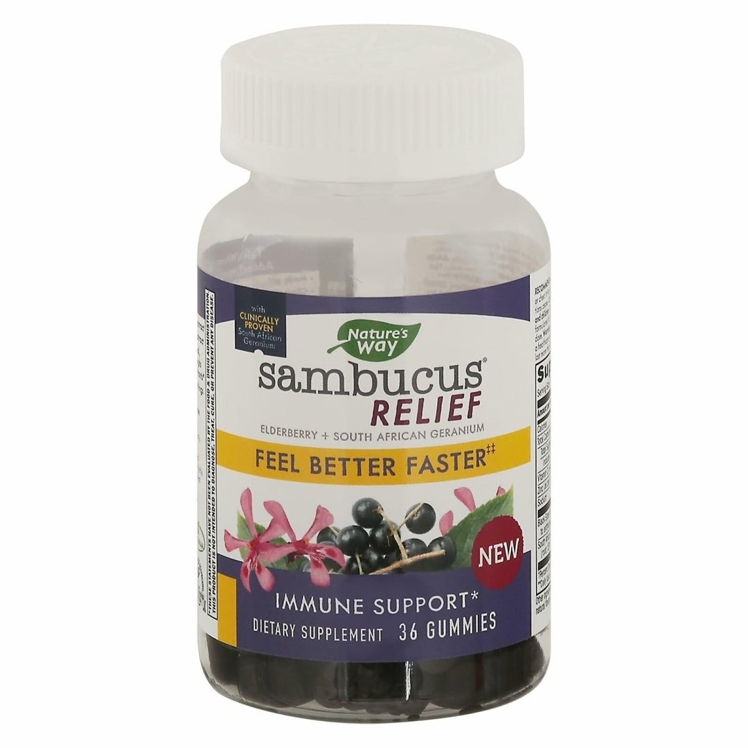 Nature's Way Sambucus Cough Relief+? Immune Gummy*, Feel Better Faster?, Clinically Proven South African Geranium Root Extract?, with Elderberry Extract, Vitamin C & Zinc, Gluten Free, 36 Gummies - The Oasis of Health