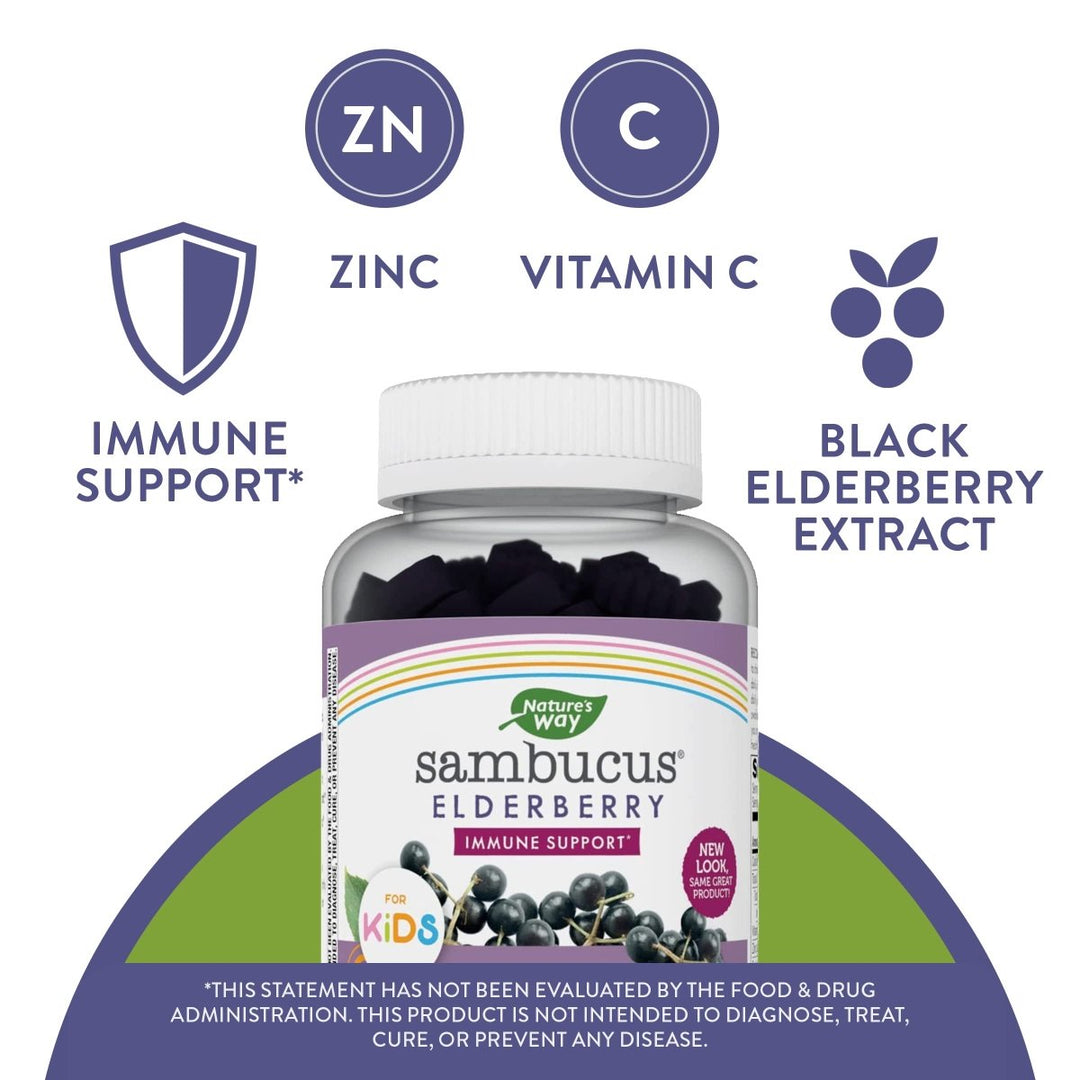 Nature's Way Sambucus Elderberry Gummies with Vitamin C and Zinc for Kids, Immune Support*, Berry Flavored, 60 Gummies - The Oasis of Health