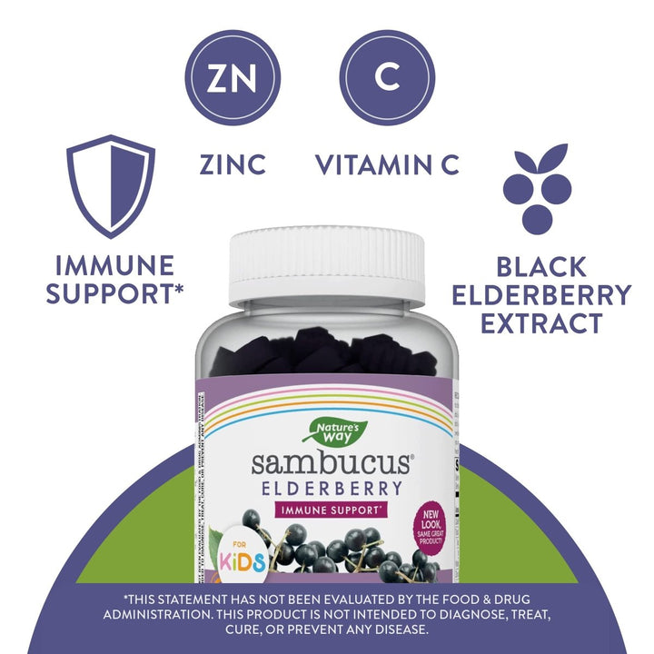 Nature's Way Sambucus Elderberry Gummies with Vitamin C and Zinc for Kids, Immune Support*, Berry Flavored, 60 Gummies - The Oasis of Health