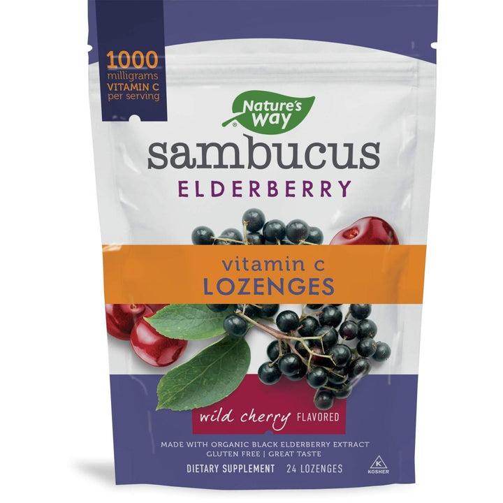 Nature?s Way Sambucus Elderberry Lozenges, 1000 mg Vitamin C Per Serving, Wild Cherry, 24 Count - The Oasis of Health