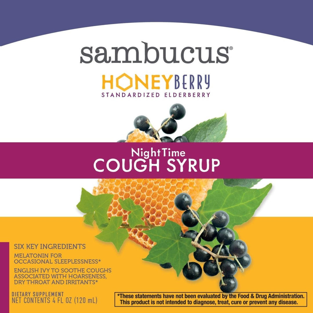 Nature's Way Sambucus HoneyBerry NightTime Cough Syrup - Soothing Relief for Cough and Occasional Sleeplessness - 4 Fl. Oz - The Oasis of Health