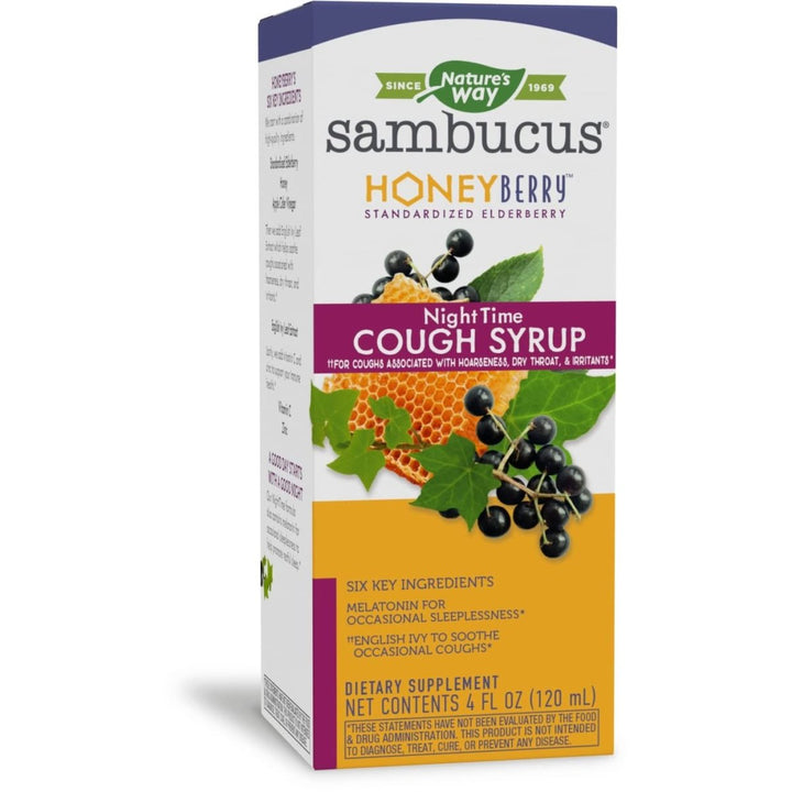 Nature's Way Sambucus HoneyBerry NightTime Cough Syrup - Soothing Relief for Cough and Occasional Sleeplessness - 4 Fl. Oz - The Oasis of Health