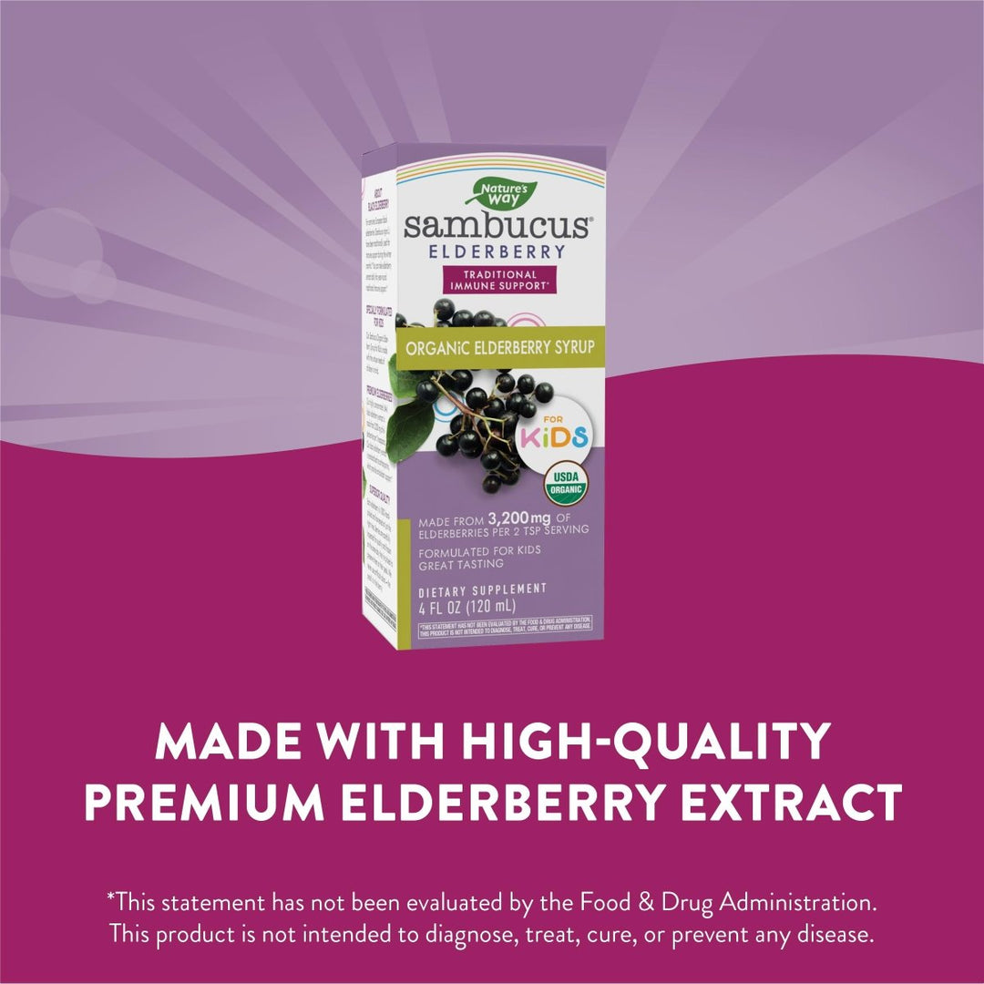 Nature's Way Sambucus Organic Elderberry Syrup for Kids - 4 Fl. Oz - Great Tasting - Gluten - Free - The Oasis of Health