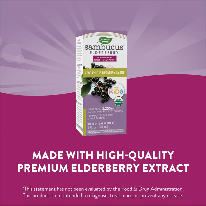 Nature's Way Sambucus Organic Elderberry Syrup for Kids - 4 Fl. Oz - Great Tasting - Gluten - Free - The Oasis of Health