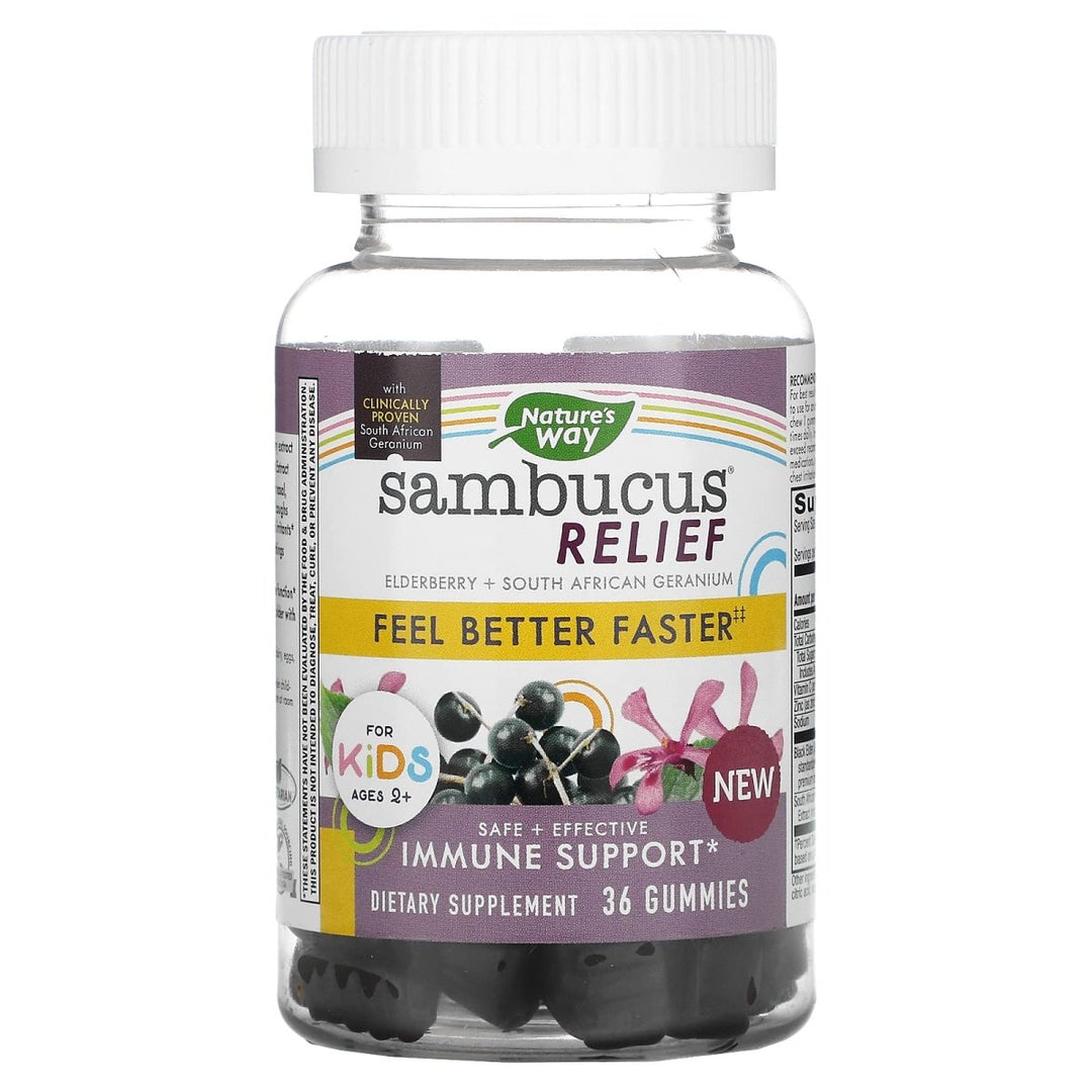 Nature's Way, Sambucus Relief, Immune Support, for Kids, 2+, Elderberry + South African Geranium, 36 Gummies - The Oasis of Health
