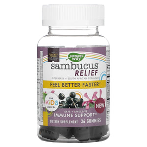 Nature's Way, Sambucus Relief, Immune Support, for Kids, 2+, Elderberry + South African Geranium, 36 Gummies - The Oasis of Health