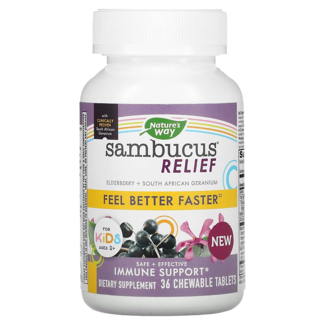 Nature's Way, Sambucus Relief, Immune Support, for Kids, Ages 2+, Berry, 36 Chewable Tablets - The Oasis of Health